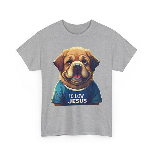 Christian Unisex Tee - Follow Jesus with Big Fluffy Friendly Dog T-Shirt