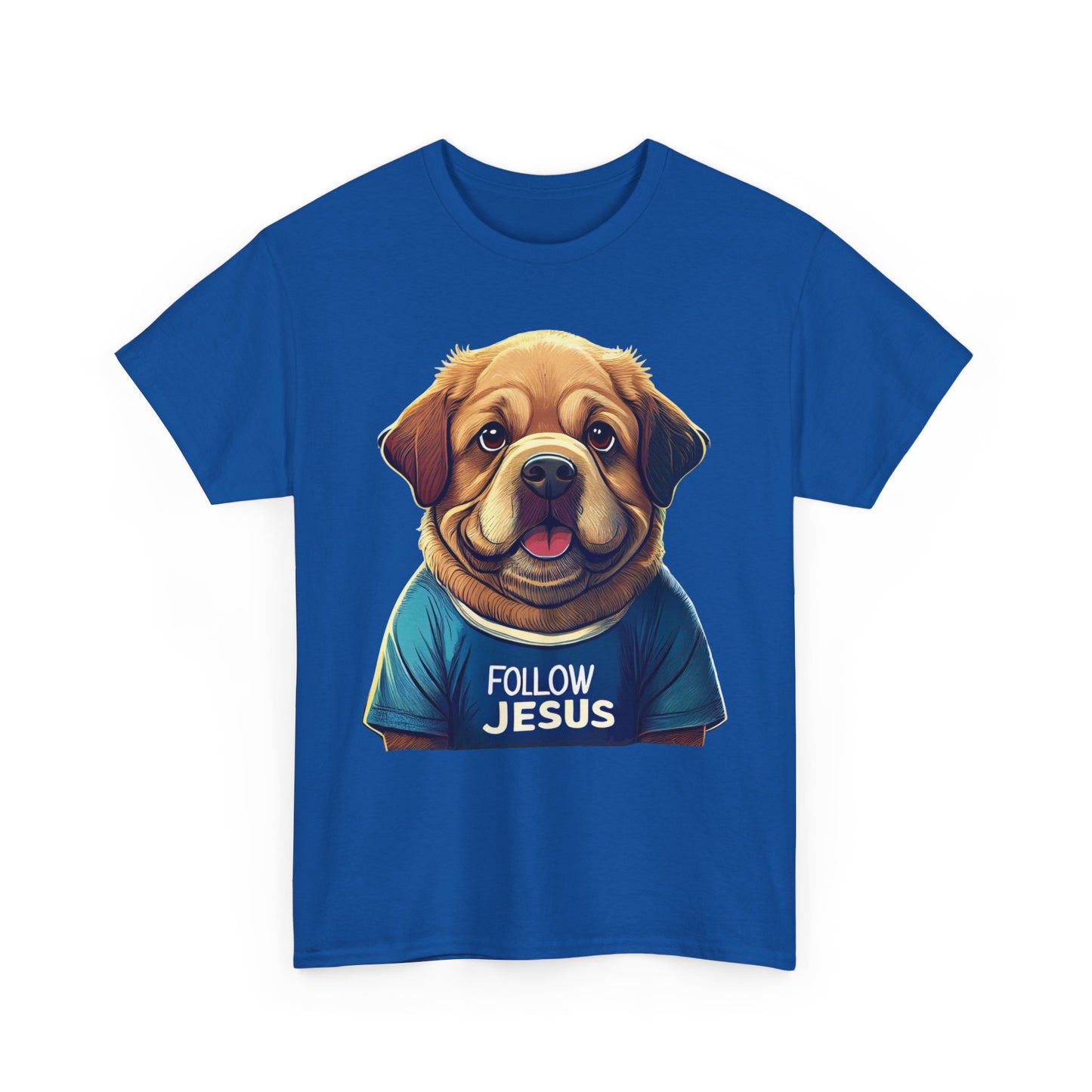 Christian Unisex Tee - Follow Jesus with Big Fluffy Friendly Dog T-Shirt