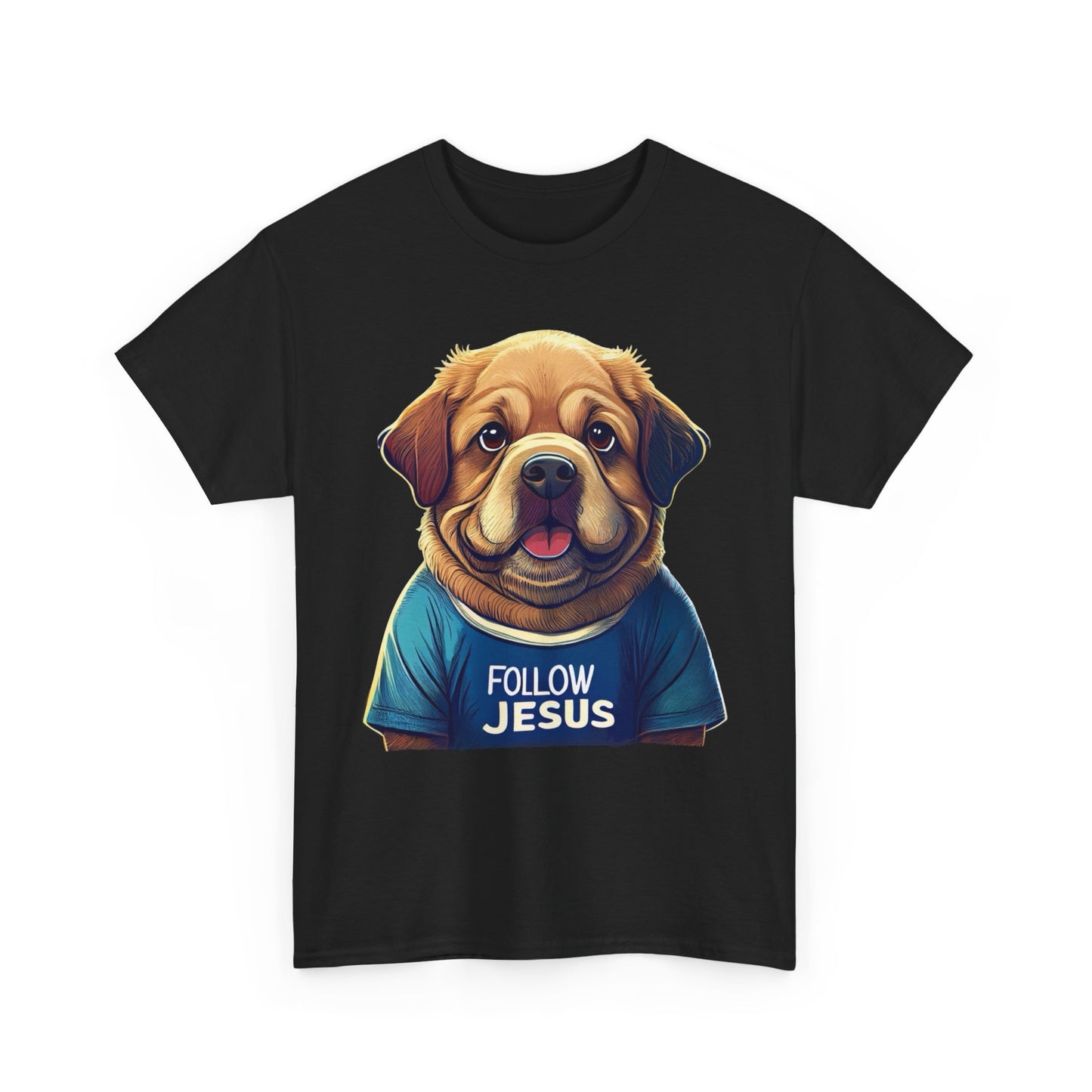 Christian Unisex Tee - Follow Jesus with Big Fluffy Friendly Dog T-Shirt