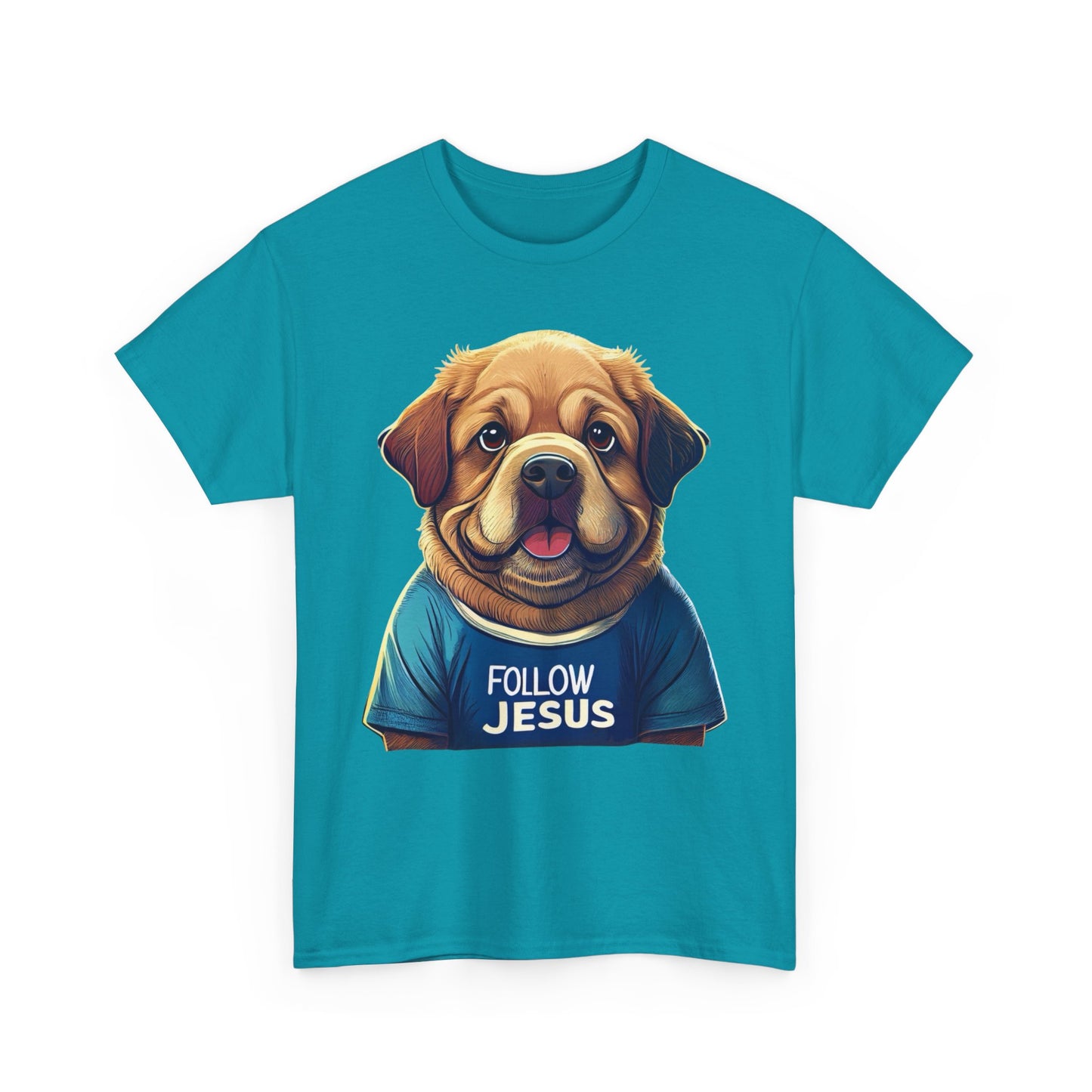 Christian Unisex Tee - Follow Jesus with Big Fluffy Friendly Dog T-Shirt