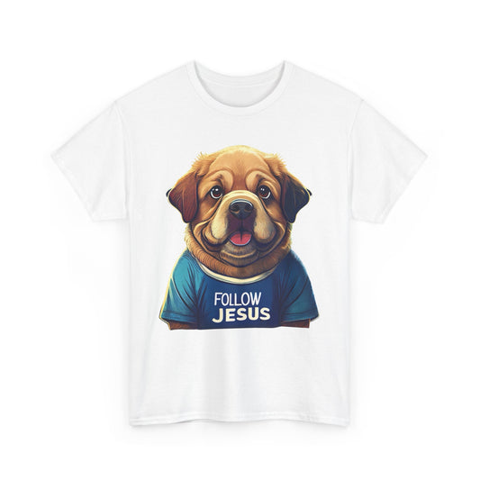 Christian Unisex Tee - Follow Jesus with Big Fluffy Friendly Dog T-Shirt
